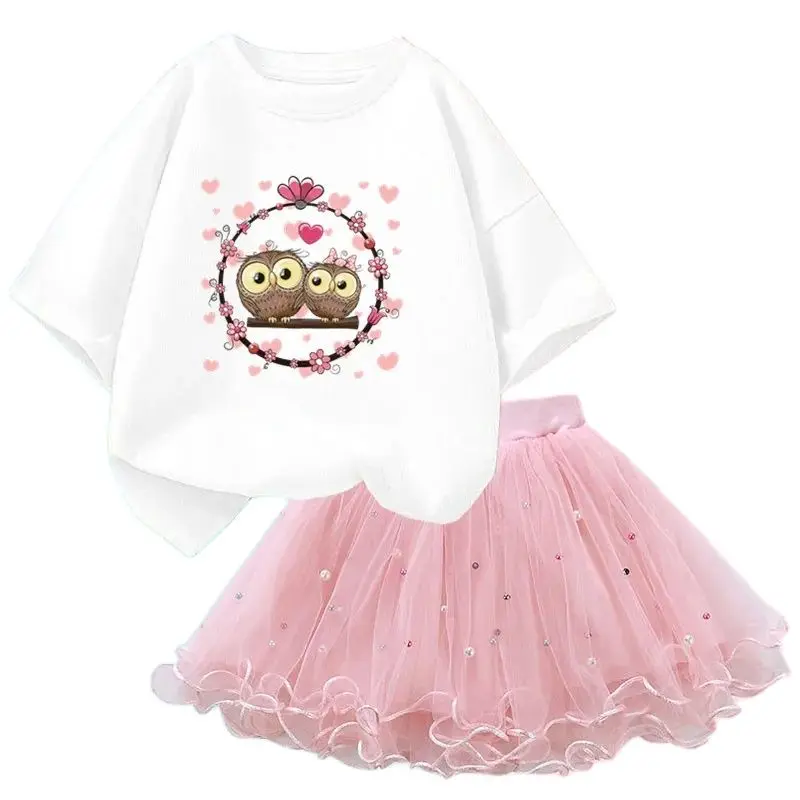 2024 Summer New Girl Two-piece Cartoon Owl Short-sleeved T-shirt and Princess Tutu Dress Cute Girl Baby Skirt Suit