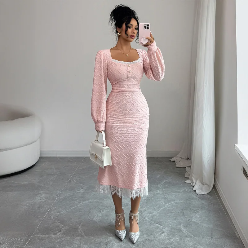 

Элегантное облегающее платье с длинным рукавом на пуговицах для женщин, осенне-зимняя коллекция