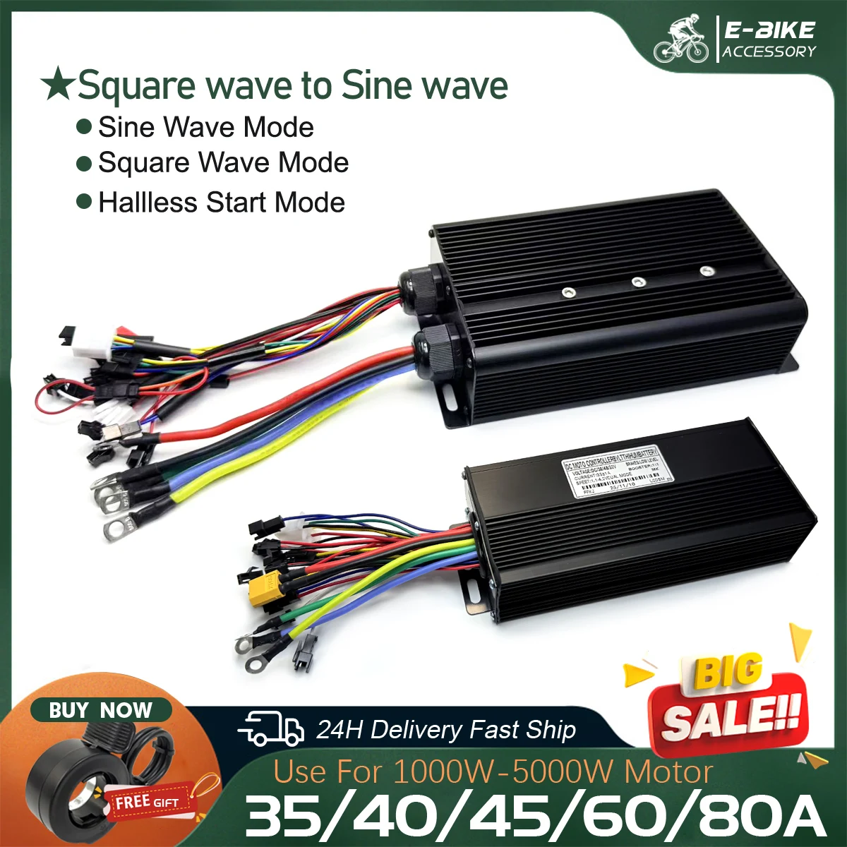 

Electric Bicycle 35A40A45A60A80A Three-Mode Sine Wave/Square wave Controller with Color LCD UKC1 Display For Electric Scooters