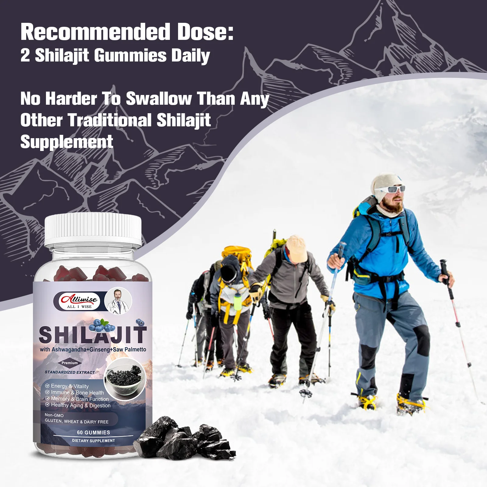 Alliwise Shilajit Supplement Gummies Extra Strength Himalayan Resin Pure Organic Chewable Complex for Energy Cognition Immunity