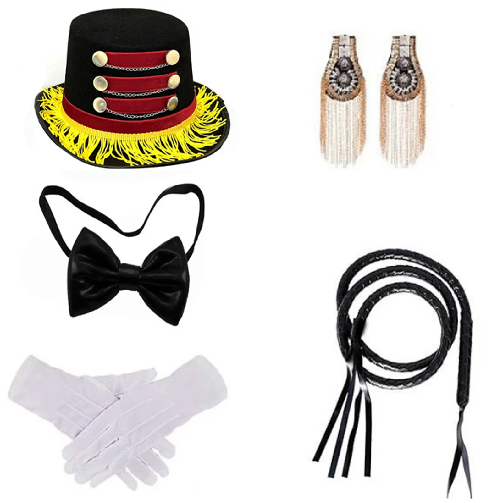 Circus Costumes Accessories Set with Top Hat Gloves Epaulets Bow Tie Whip Or Wand for Adults Halloween Magician Cosplay Costume