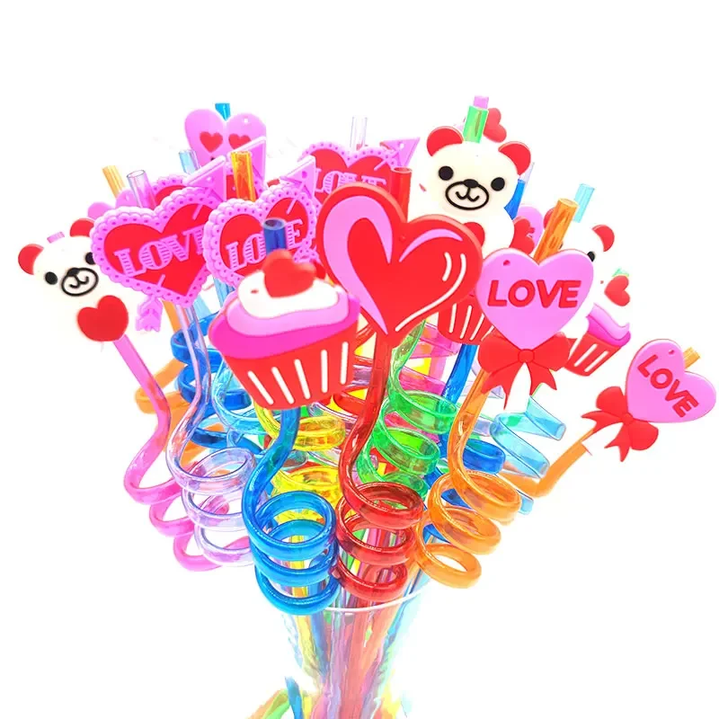 

8pcs 26cm Valentines Day Plastic Spiral Drinking Straws Cartoon Love Bear Reusable Straw Wedding Party Decoration Straws