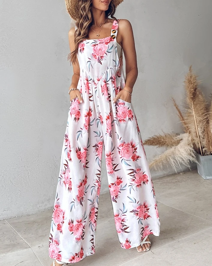 

New Fashion 2024 Summer Casual Long Jumpsuits Elegant Floral Print Wide Leg Suspender Jumpsuit New Fashion Casual One Pieces