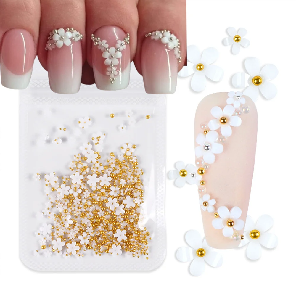 1 حقيبة-200 قطعة ثلاثية الأبعاد الوردي والأبيض زهرة الأكريليك مسمار السحر مع الخرز/اللؤلؤ مسمار الفن زينة الراتنج خمسة بتلات الأزهار مسمار أجزاء