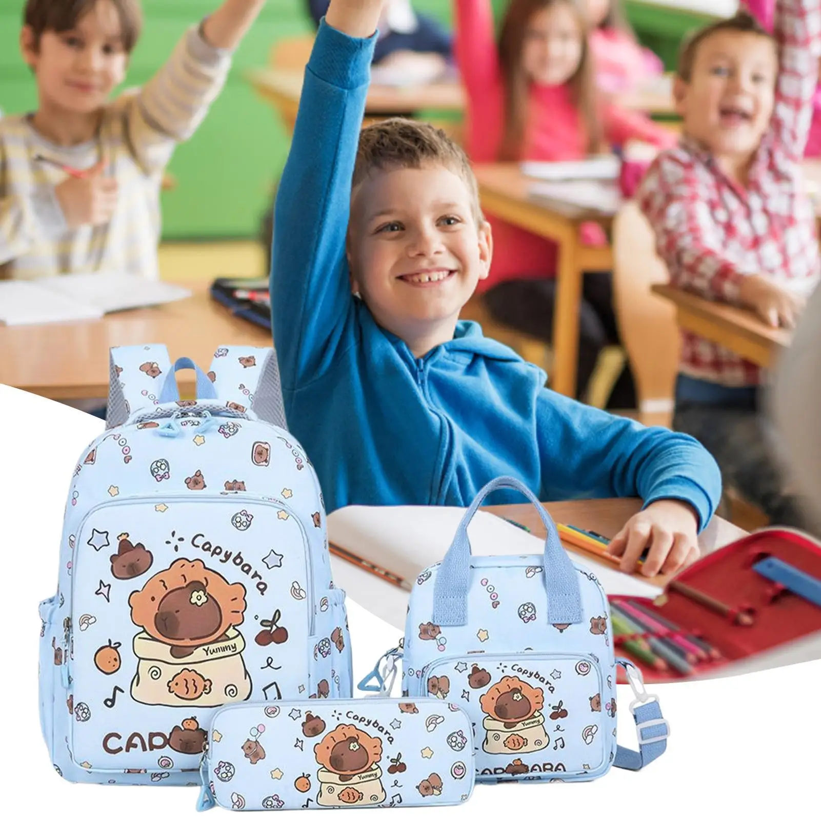 حقيبة ظهر مدرسية من كابيبارا، مقلمة جمالية لطيفة، مجموعة حقيبة غداء جمالية للكبار، وجبة خفيفة للطلاب في سن المراهقة المتوسطة