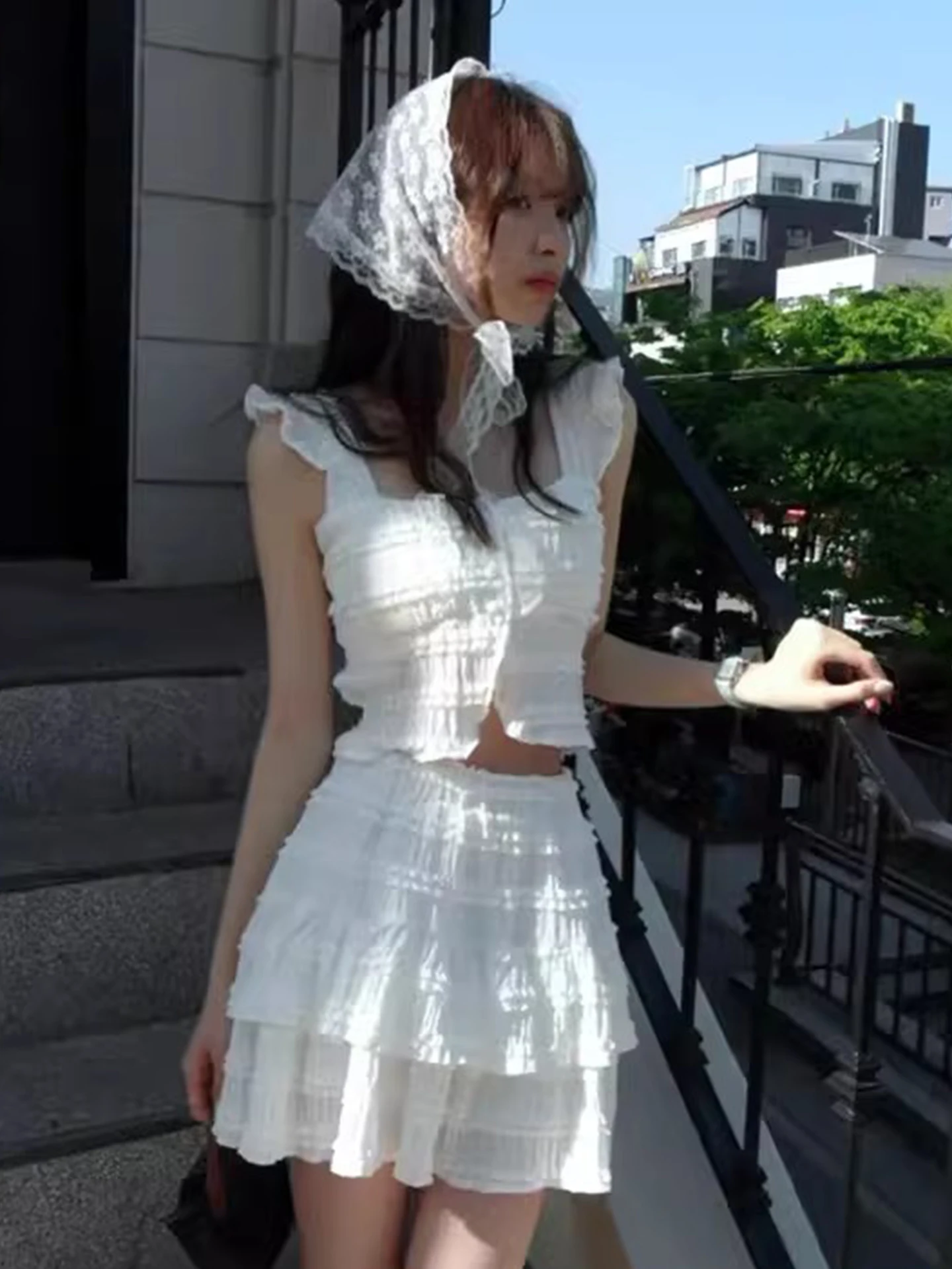 

Fashionable Textured Short Top And High Waist Half Skirt Set Women's Summer New Style Puffy Two-Piece Suit Commute Style