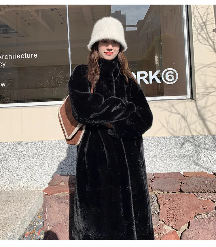 Women's Thick Faux Mink Fur Mid-length Coat Autumn Winter Fashion Stand Collar Plush Outerwear Women Elegant Warm Fluffy Jackets