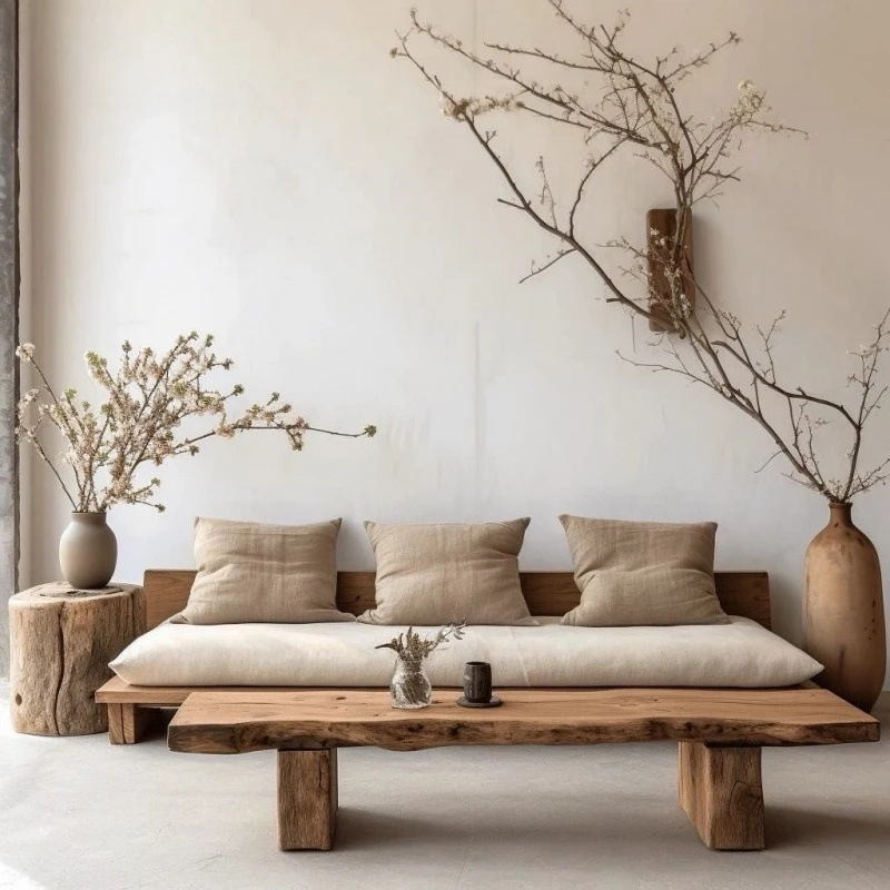 

New wabi sandy wind solid wood log Nordic style straight row sofa combination double straight row atmosphere three-person sofa
