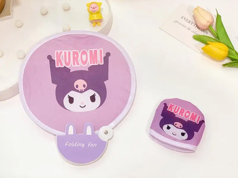 Sanrios kawaii desenhos animados olá kittys kuromi cinnamoroll minha melodia bonito pequeno ventilador dobrável ventilador redondo psiquiatra enviar saco de armazenamento