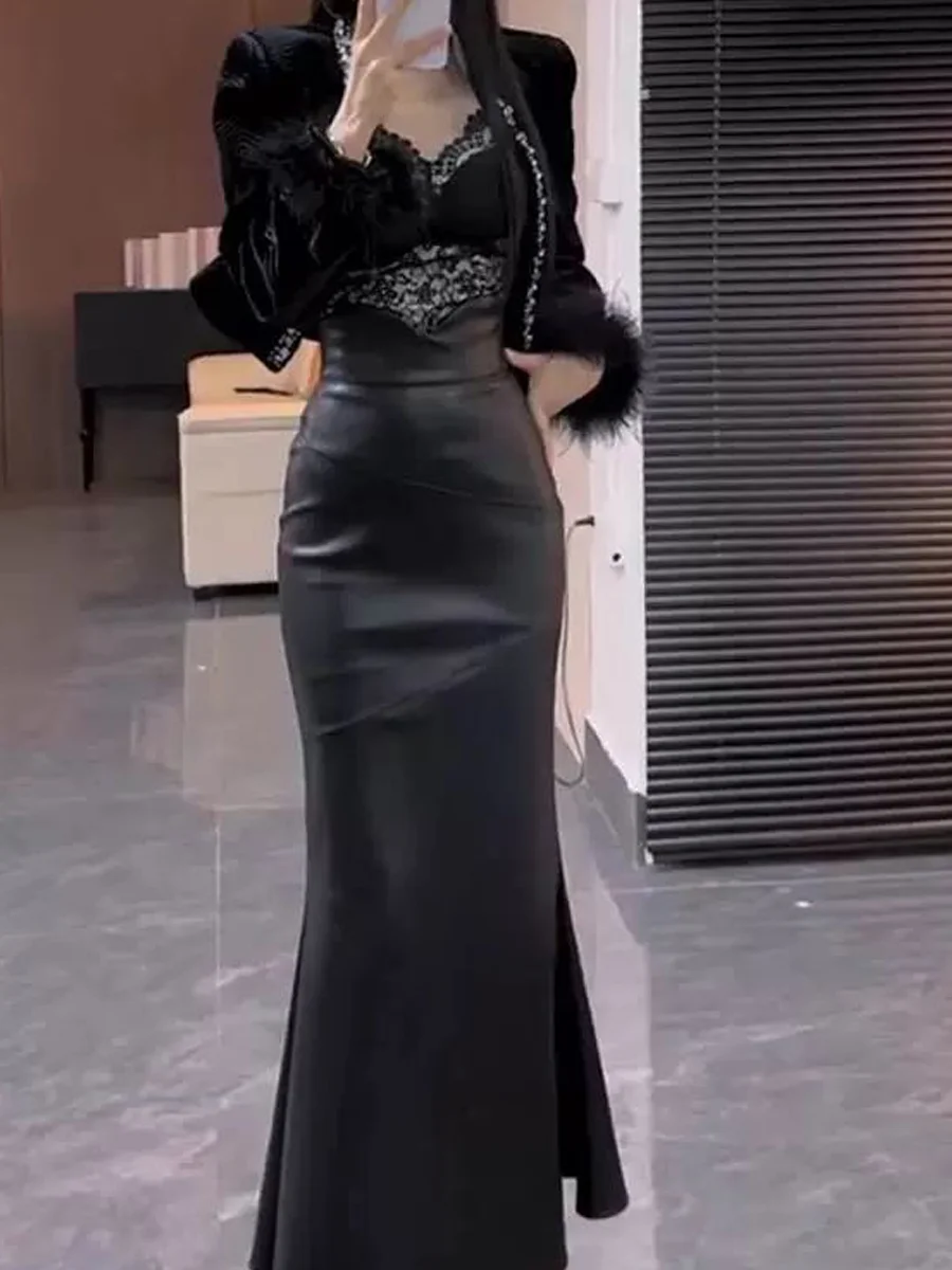 

Retro Bla PU Leather Fi Tail f Skirt Women's Spring New High Waist Slim Fit Skirt Wrap around Long Skirts