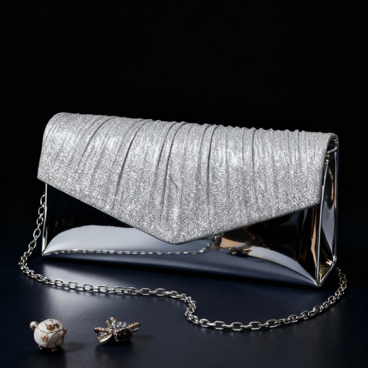 Bolsa de noite de luxo com babados semirrufados - Bolsa transversal de corrente espelhada de alta qualidade para festas elegantes, bolsa de mão para vestidos formais e eventos sociais