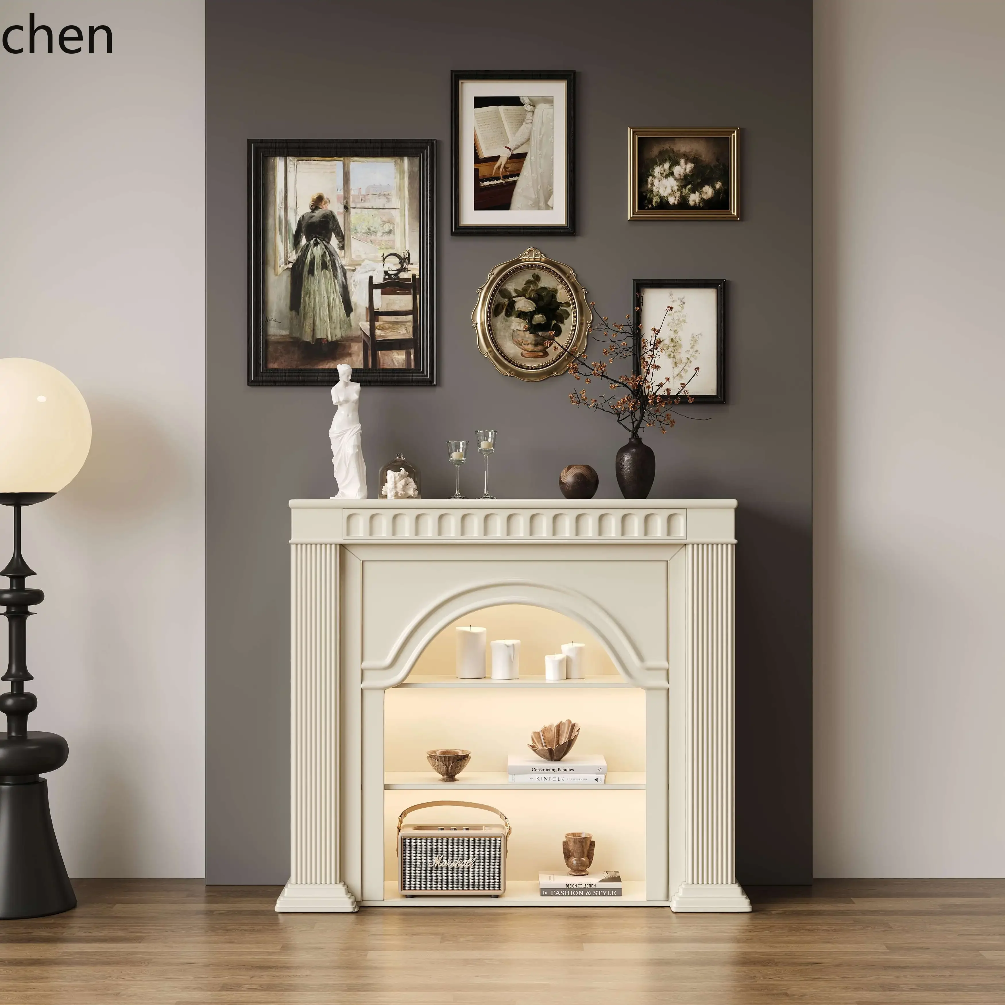 DSA Solid Wood Arched Fireplace Decorative Cabinet Living Room Side Cabinet Entryway Fireplace Console