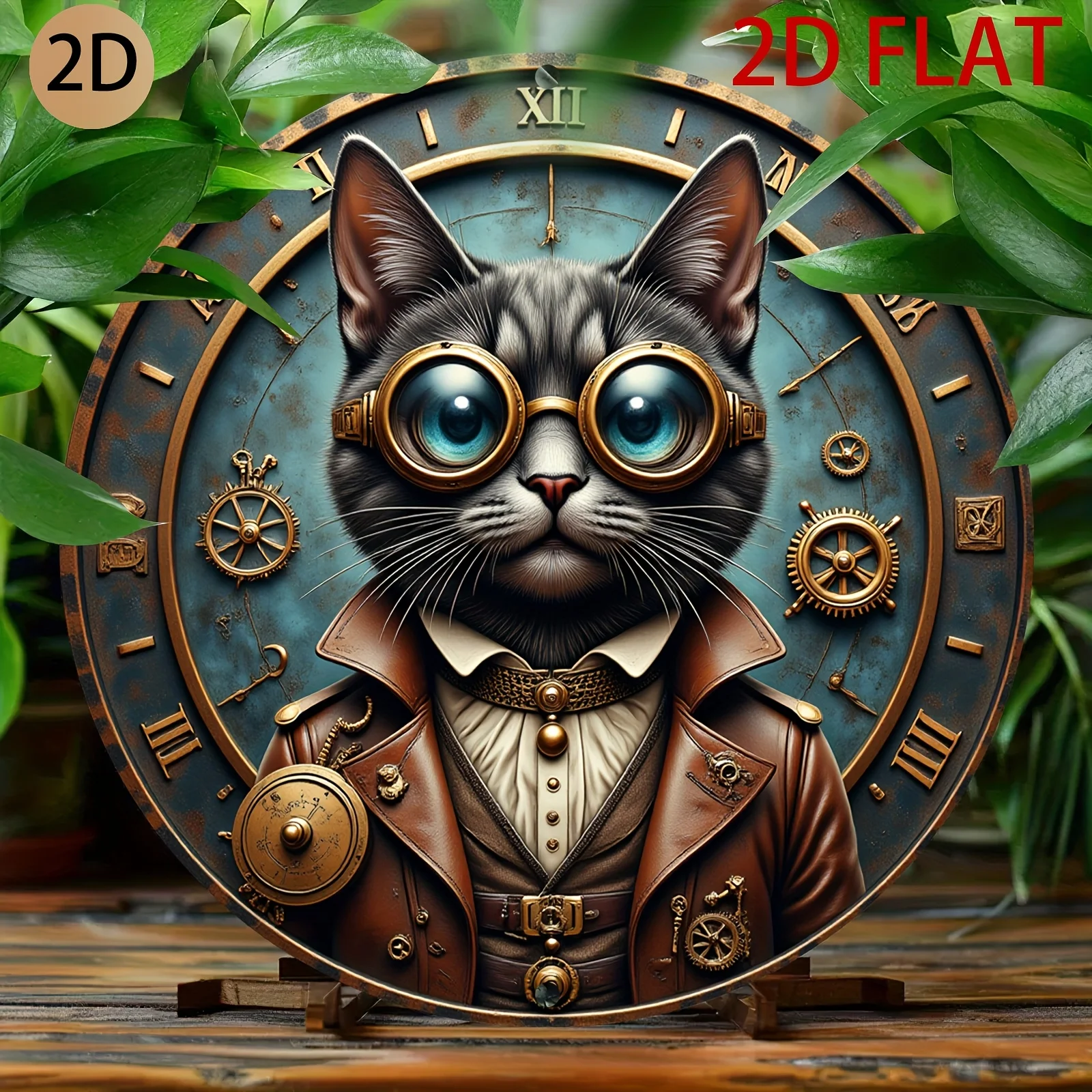 [2D Flat] A Wall Art Piece Featuring a Steampunk Cat Clock in a 2D Plane Design,Adorned with Gear Details,Perfect for Decorating