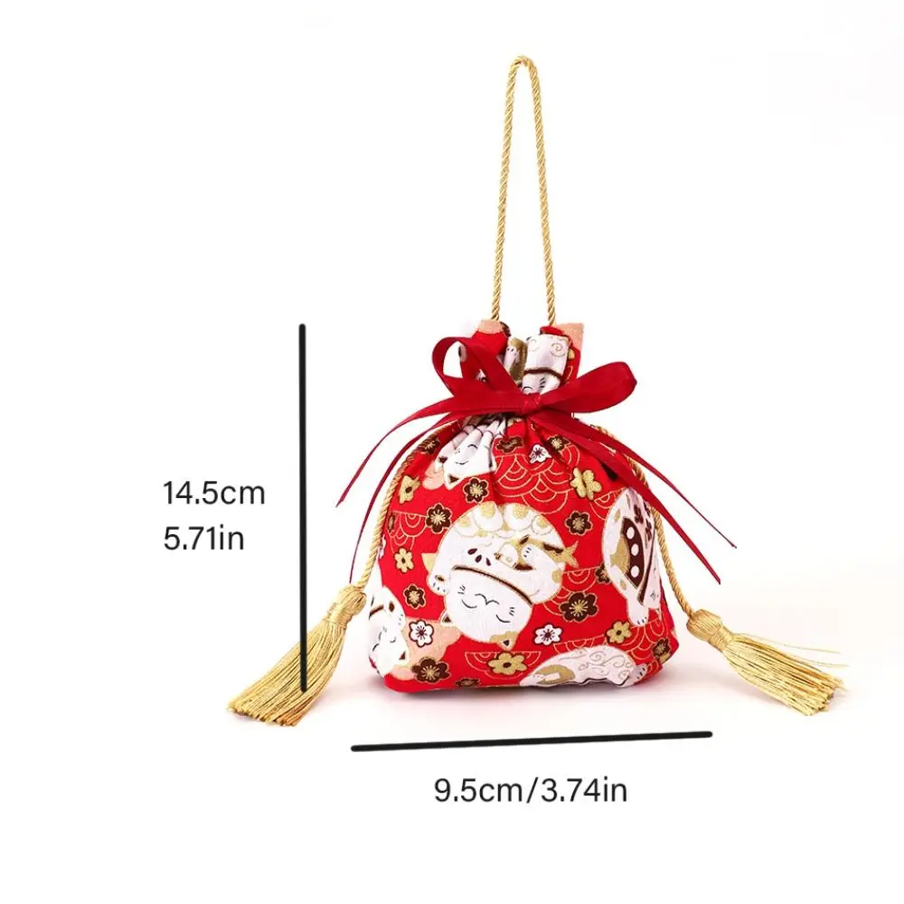 Sakura Floral Canvas Flower Drawstring Bag Stripe Lucky Cat Bowknot Tassel Handbag Large Capacity Wedding Candy Bag