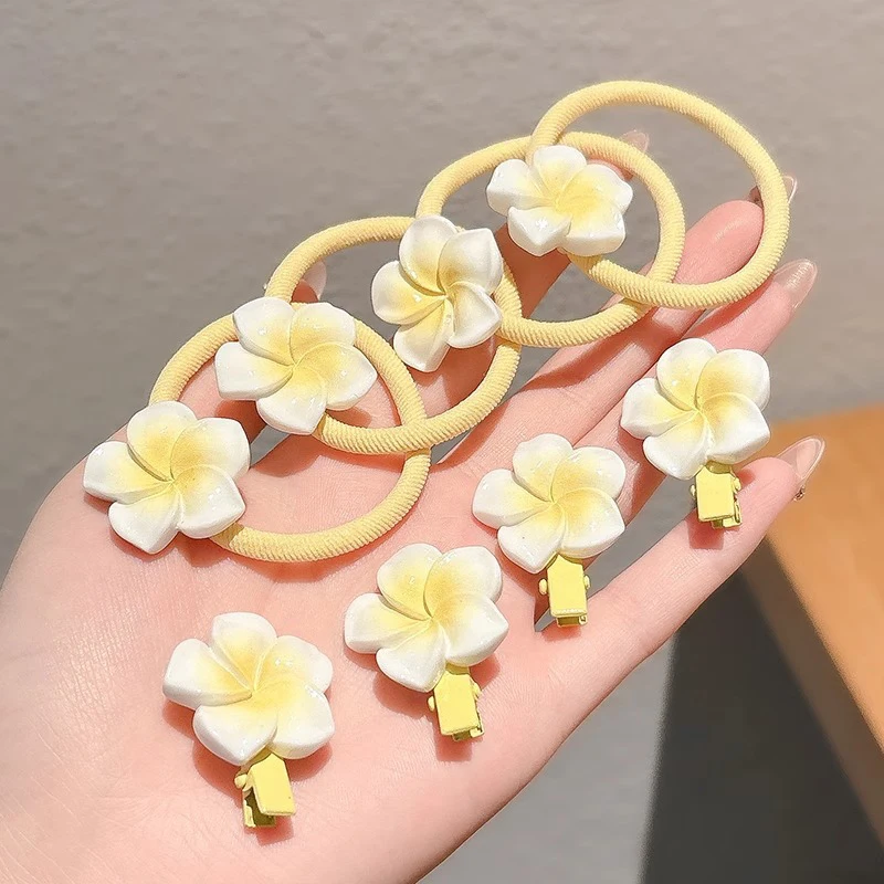 2/5Pcs Cute Yellow Flower Frangipani Hair Clips Pink Sakura BB Side Clip High Elasticity Hair Rope Hair Accessories Headdress