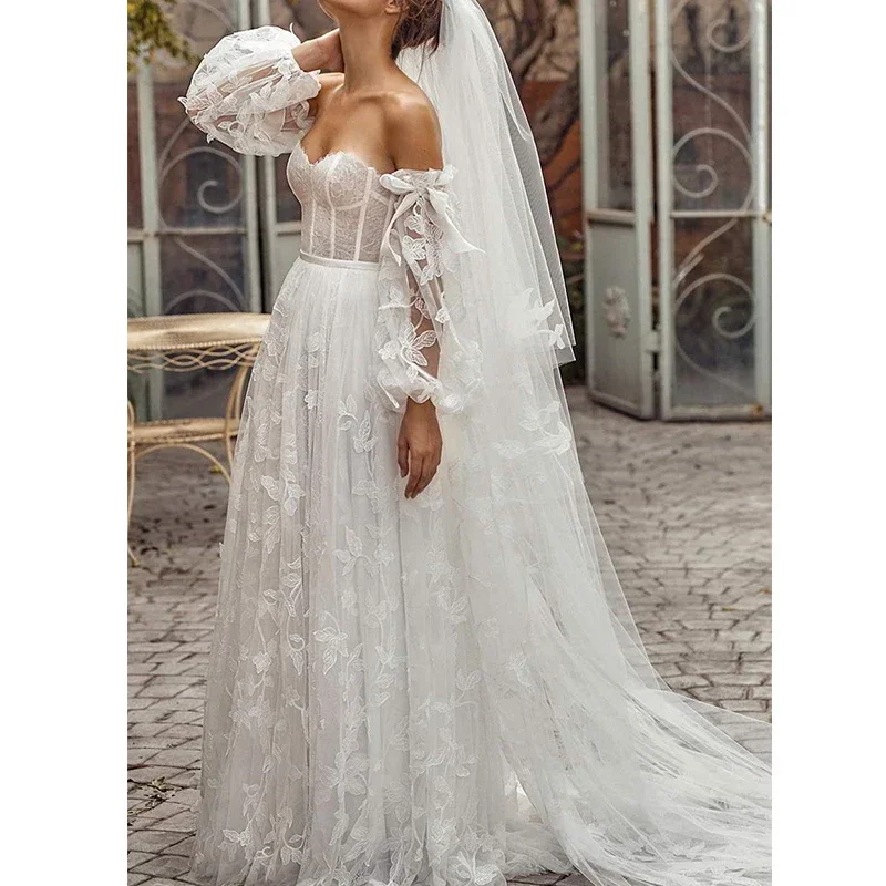 Lace Appliques Tulle Bridal Detachable Sleeves Boho Removable Wedding Sleeves With Bow