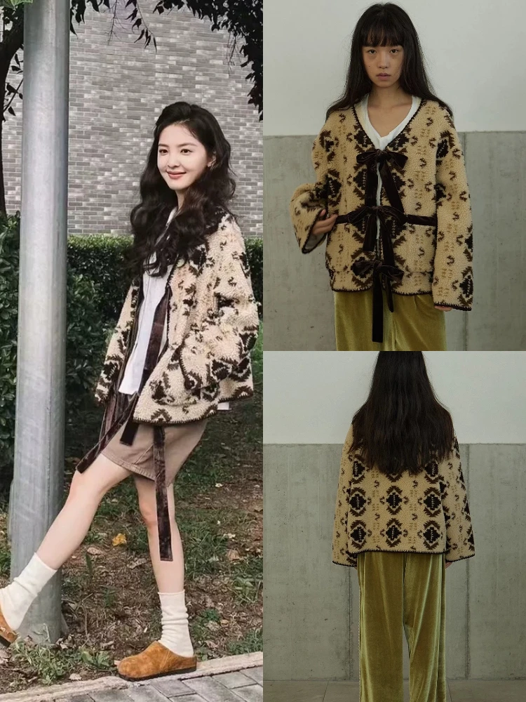 

Korean Sle V-Ne Tied Lamb Fur Jaet Women's Retro Belted Plu Top Loose Fit Warmth Knot Geometric Pattern