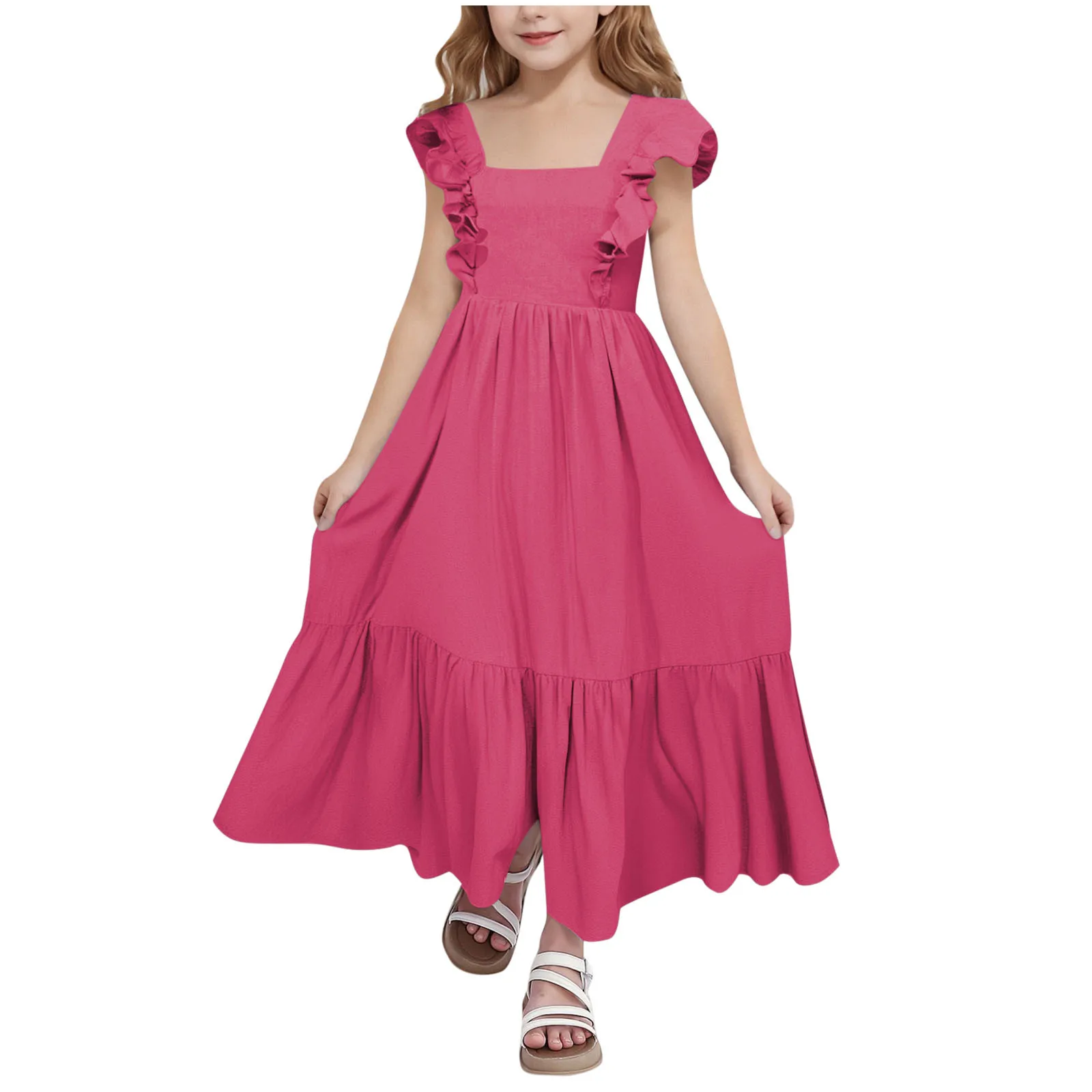 

Children's clothing new summer temperament sweet square collar small flying sleeves backless high-end dress women's waist