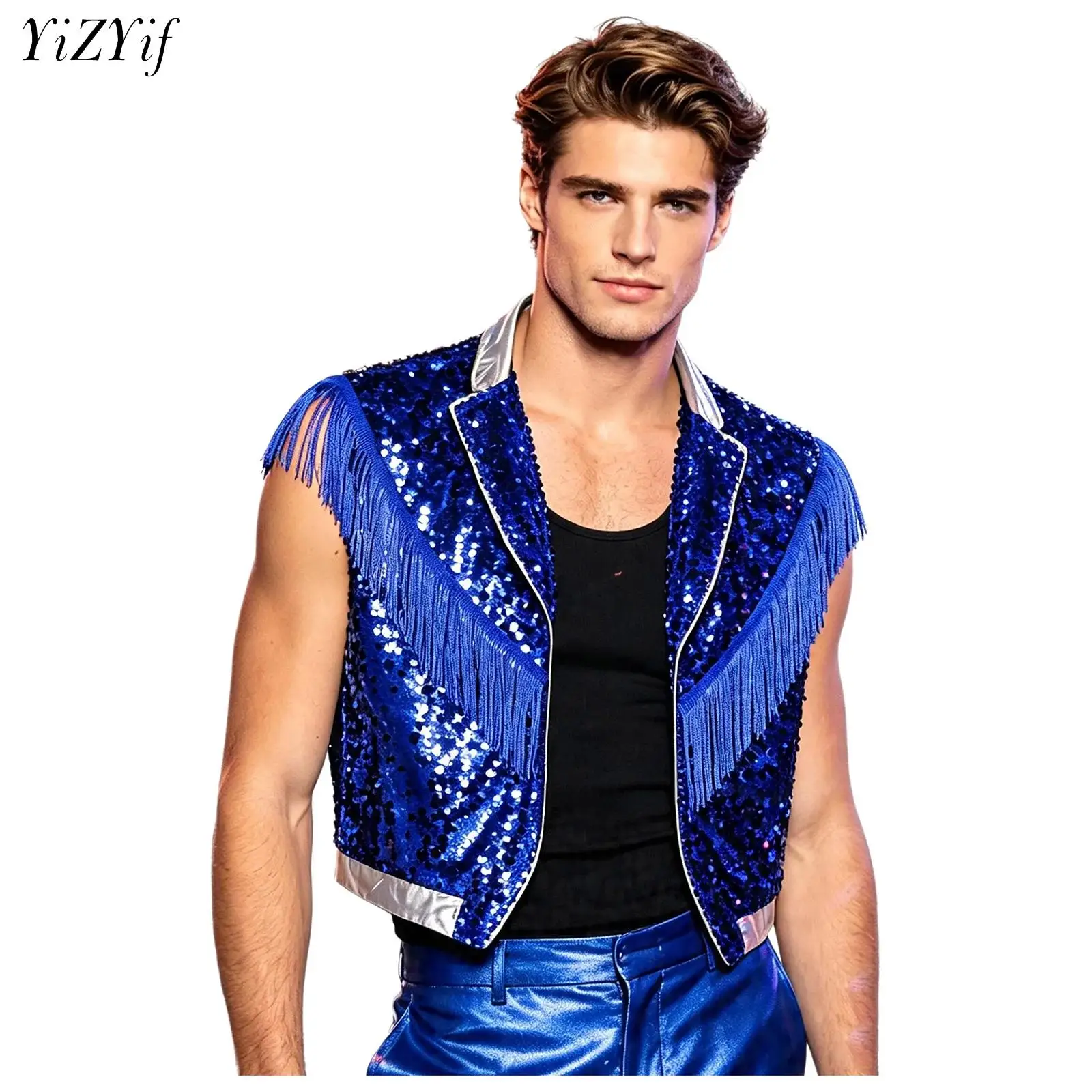 Mens 70s Disco Hip Hop Jazz Dance Vest Jacket Shiny Sequin Lapel Sleeveless Tassel Open Front Tank Top for Prom Stage Nightclub