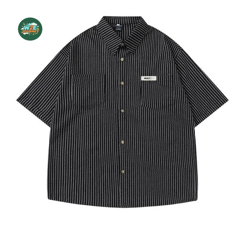 W2EJOURNEY Kemeja Bergaris Musim Panas Pria Ukuran AS UE Kualitas Terbaik Kemeja Kasual Luar Ruangan Antik Lengan Pendek Berkancing dengan Saku