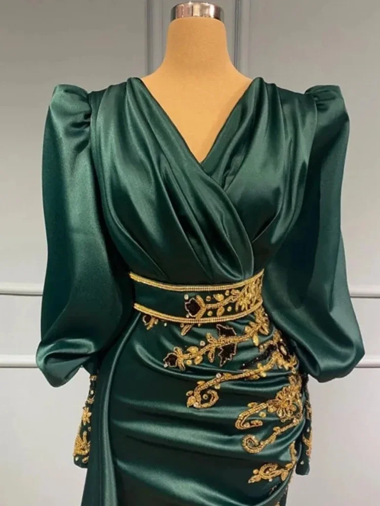 Vestidos de noite de cetim verde com renda dourada, mangas compridas, vestido de celebridades, Dubai, árabe, Abiye, vestidos formais de baile