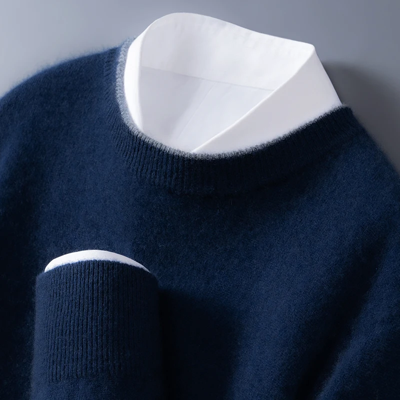 Men's Sweater Pullover Long Sleeved Autumn Winter 100% Wool Knit Sweater Loose O-Neck Collar Color Collision Simple Casual Tops