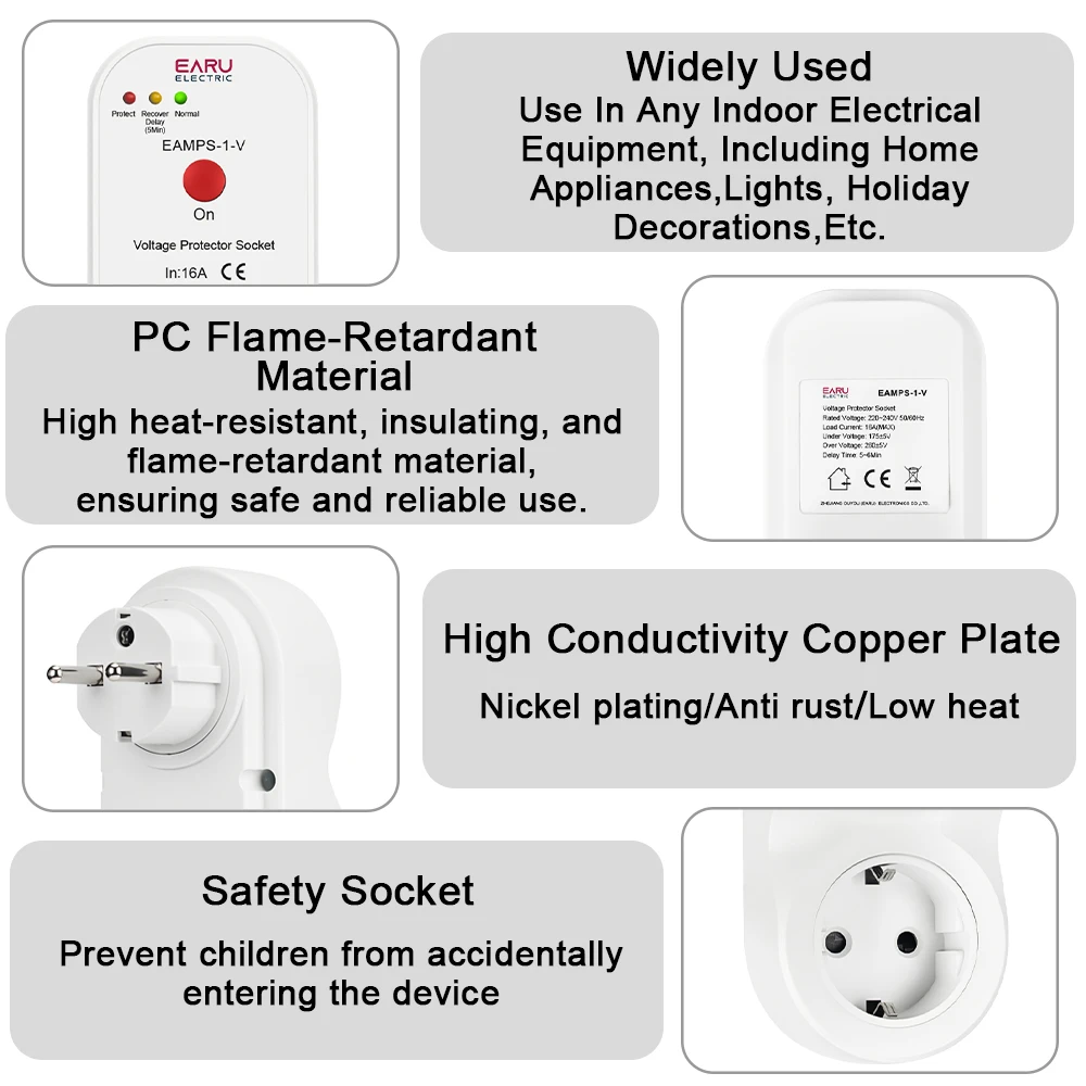 التلقائي الجهد حامي المقبس التبديل 16A التيار المتناوب 230 فولت 50/60 هرتز حماية زيادة الطاقة الاتحاد الأوروبي المقبس نوع فولت آمن للأجهزة المنزلية #5