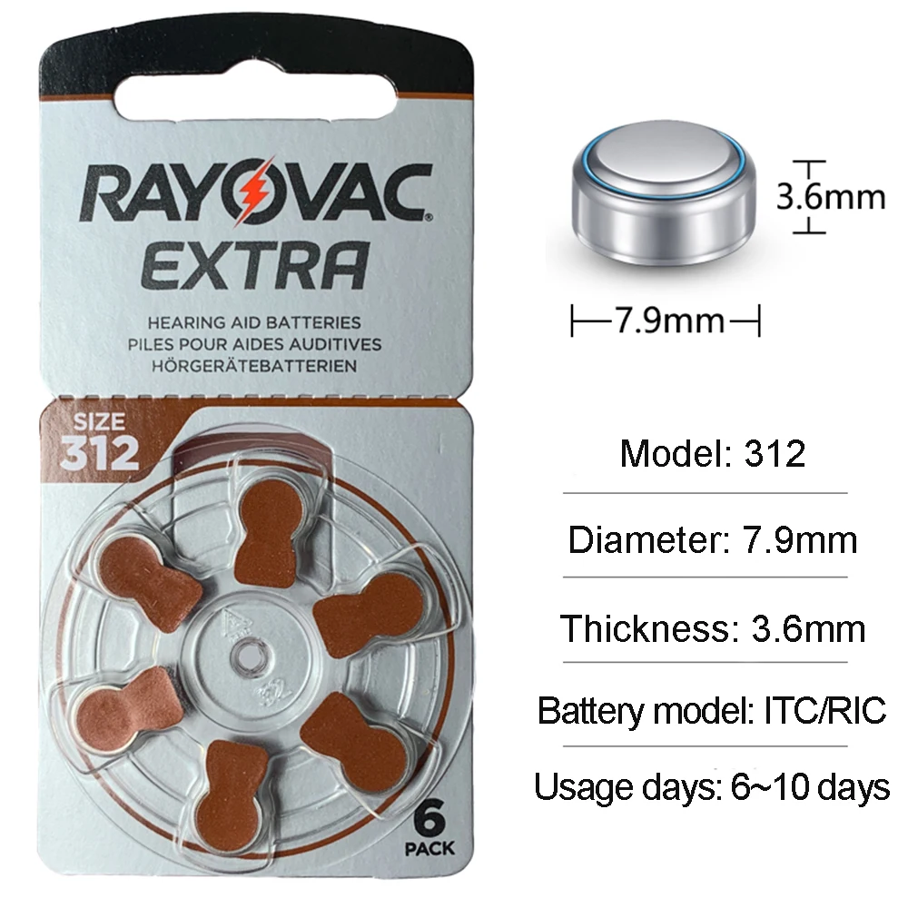 Rayovac-بطاريات مساعدة السمع خالية من الزئبق إضافية ، بطارية الهواء الزنك ، حجم 312 ، 1.45 فولت ، 312 ، 312A ، A312 ، PR41 ، ل ITC ، ريك ، 60 قطعة