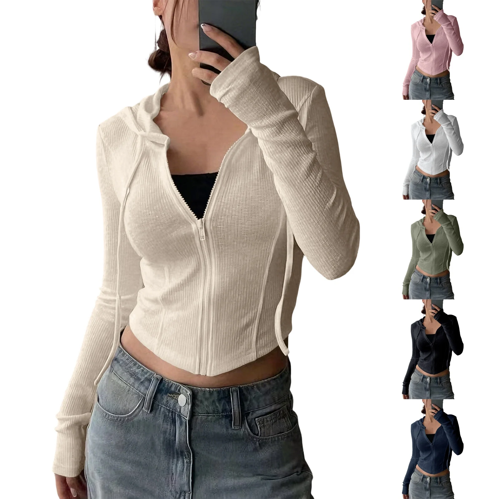 Sudadera deportiva ajustada de punto corto con capucha, cárdigan a la moda para mujer, suéter con capucha de Color sólido para invierno, suéter para mujer