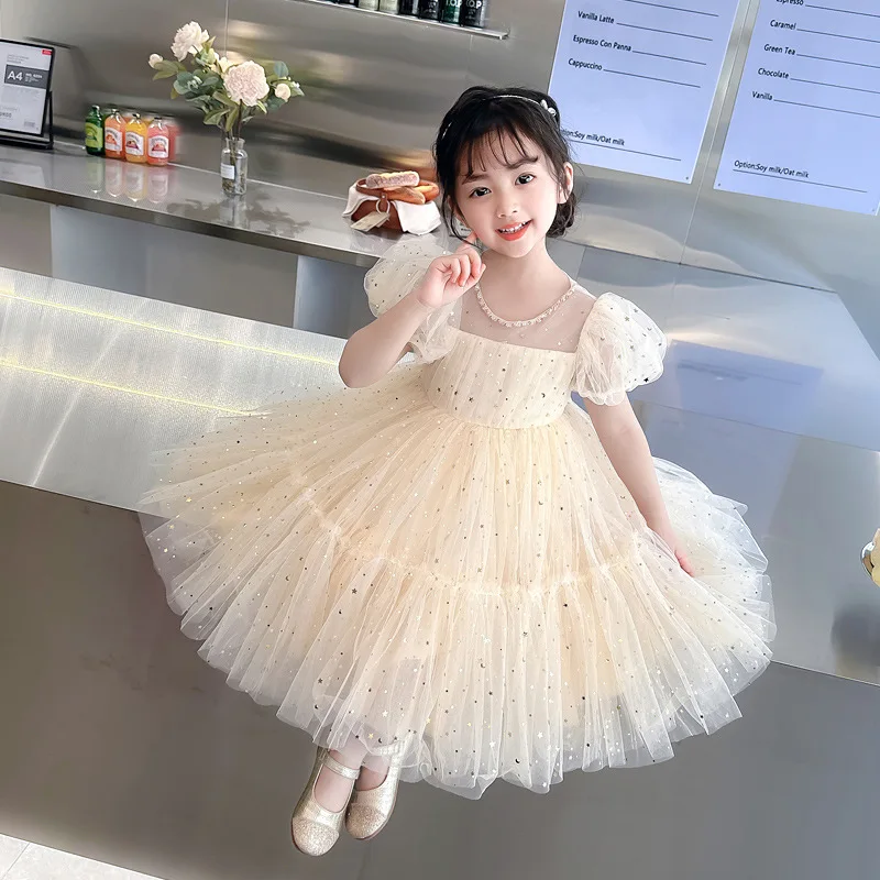

Summer Dresses Girls' Elegant Dress Temperament Princess Party Short Sleeve Dress Girl Baby Bubble Sleeve Mesh Sequin Dress