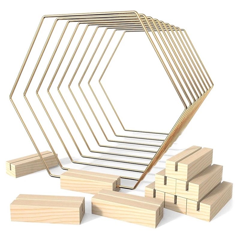 

10 Pack Hoop Centerpiece With 10 Wood Place Card Holders 9.1 Inch Hexagonal Metal For Decorations Wedding Table Crafts