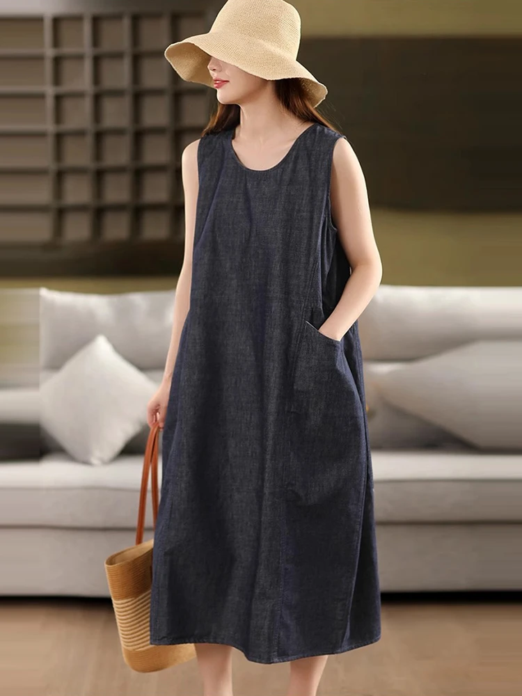 

Женское повседневное джинсовое платье, Новое поступление, лето 2025 года, винтажный стиль, с круглым вырезом, однотонные свободные женские длинные платья без рукавов M1700