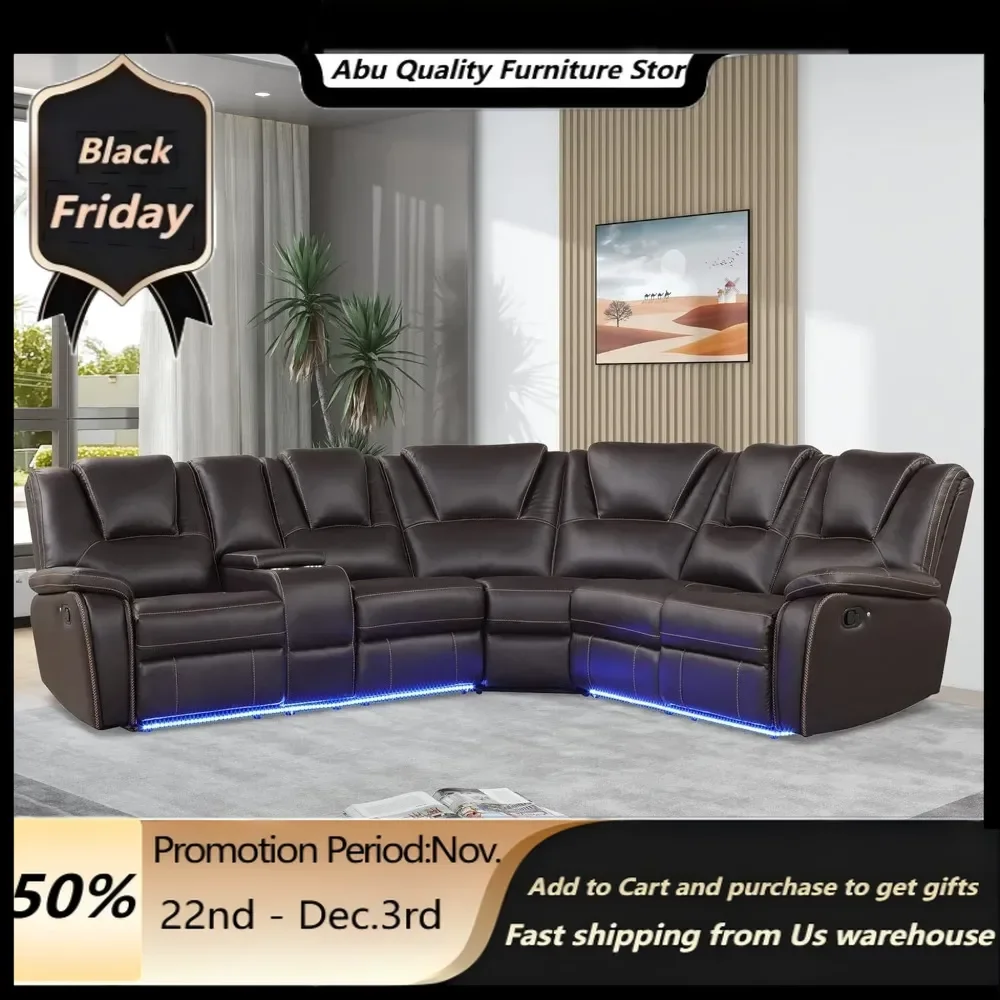 Faux Leather Manual Reclining Sectional Sofa with Center Console and LED Light Strip,Symmetrical Corner Motion Couch2Cup Holders