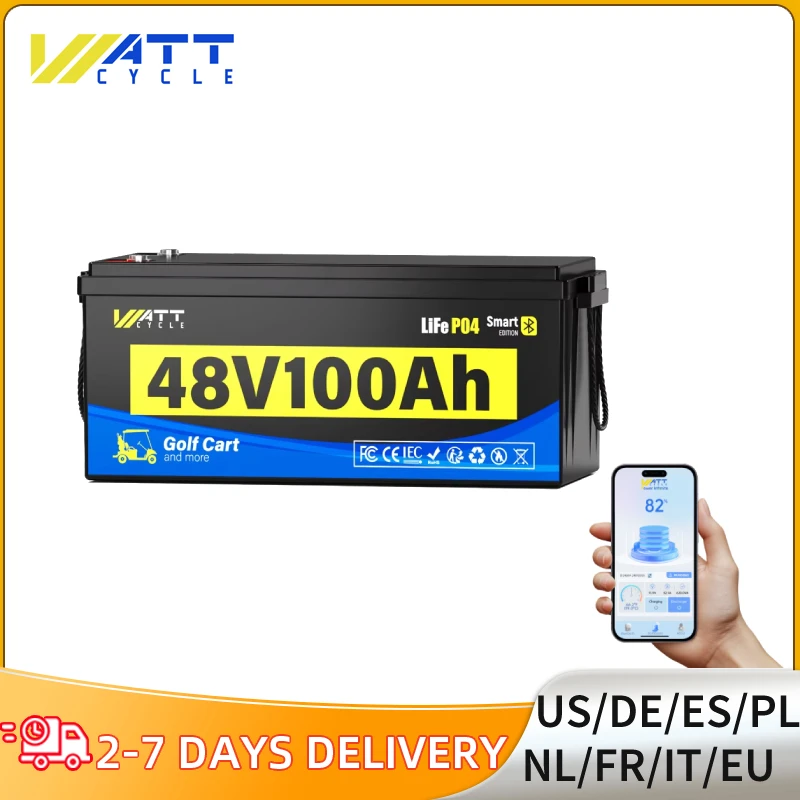 Wattcycle 48V 100Ah LiFePO4 Lithium Battery Golf Cart 200A BMS 5120Wh Energy 600A Peak Current Bluetooth 15000+ Deep Cycles