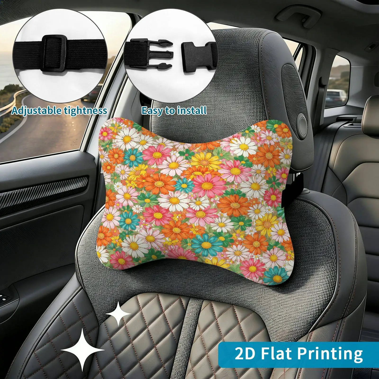 2pcs Floral Daisy Pattern Car Seat Headrest, Neck Support Cushion, Suitable For All Seasons Of Car Additions, Floral-Daisy Theme