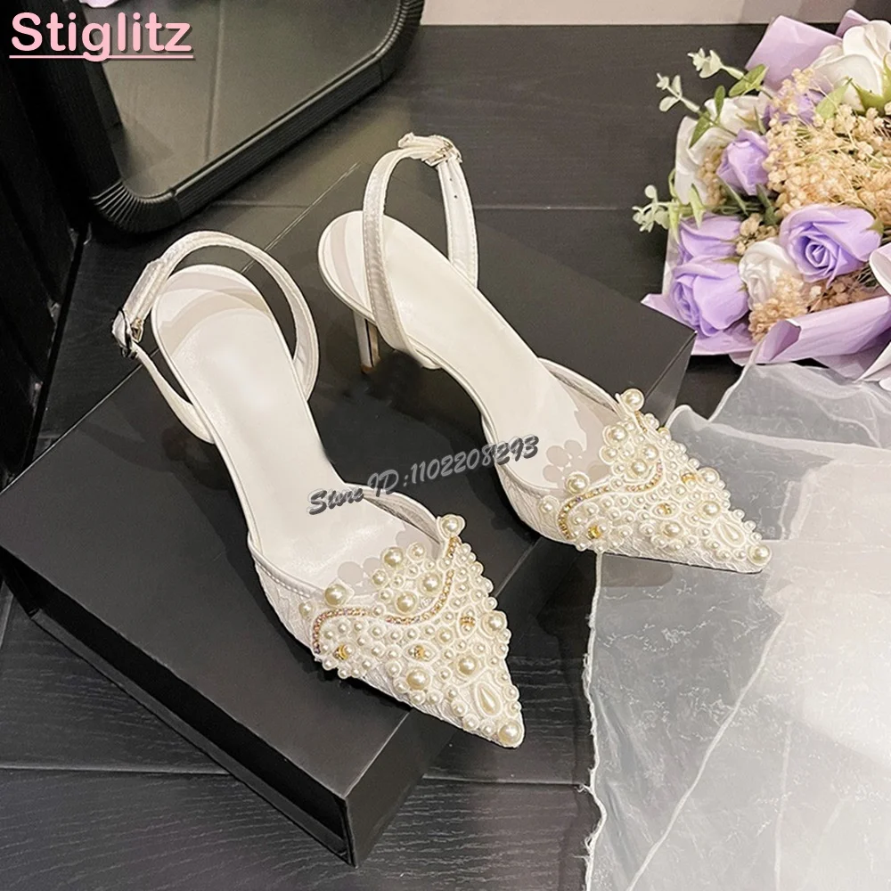 Туфли-лодочки на шпильке с белым жемчугом, кружевные свадебные туфли на высоком каблуке с острым носком и ремешком с пряжкой, лето 2024, банкетные свадебные сандалии