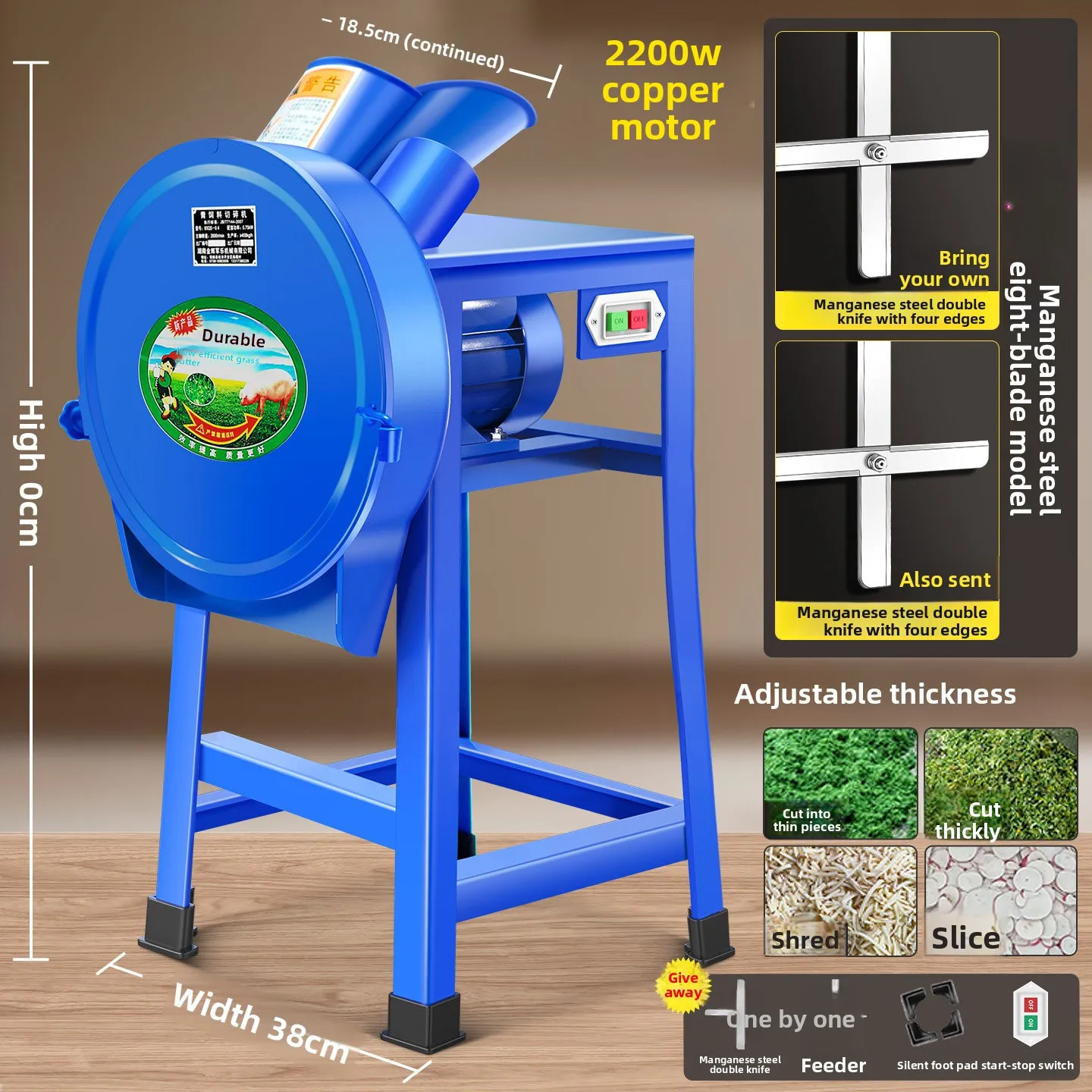 Double Feed Inlet 2200W Copper Core 8 Blade 38 Thick Steel Plate Cutter Shredder Shredder Feed Shredder Breeding Grass Cutter