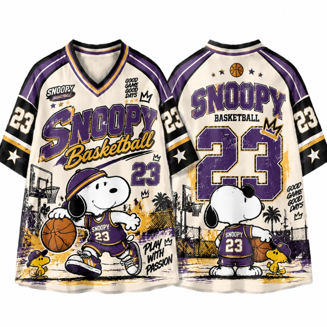 Snoopy Basketball Vintage Jersey T-shirt Kids & Adults Retro V-neck Short Sleeve Y2K Streetwear Cartoon Oversized Basketball Top