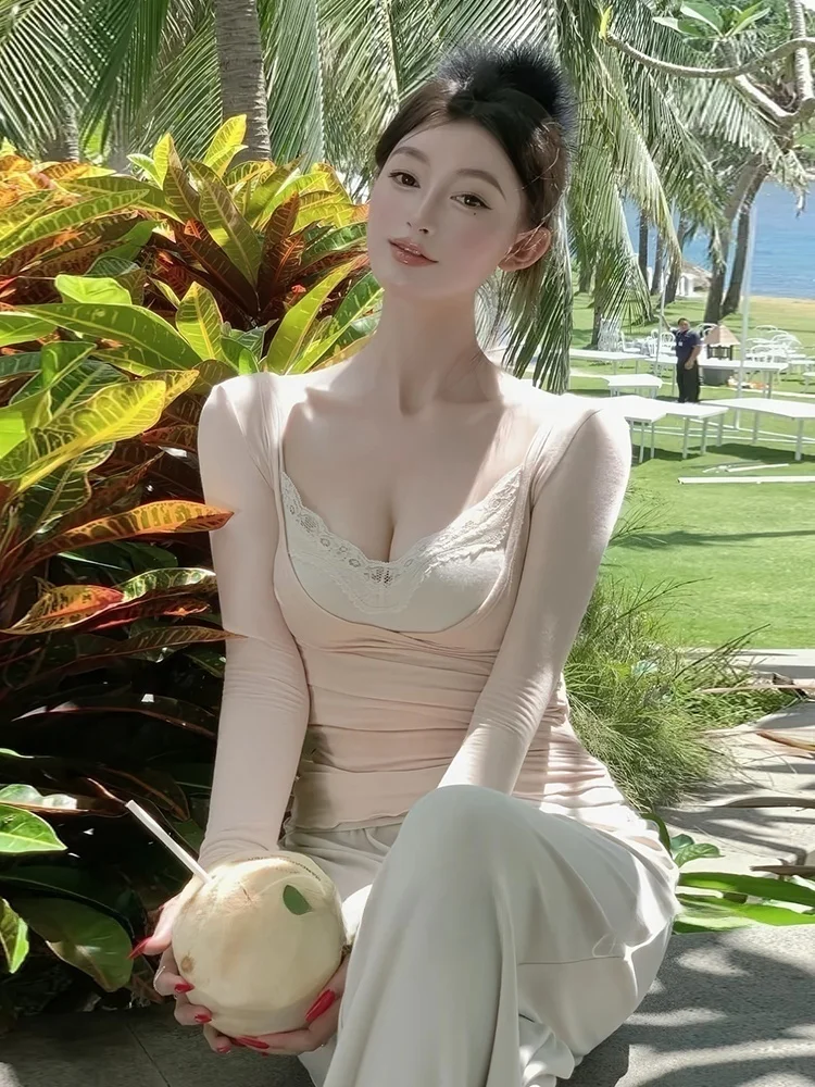 

Pure Desire Sle Women's Long Sve T-irt Set Sexy Lace Slimming White Enhancing True Two-Piece Cross Waist-Cinching Top