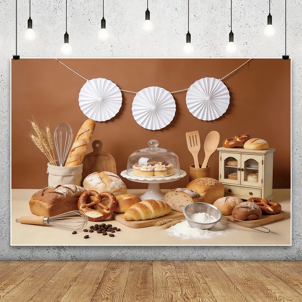 Retro Kitchen Photography Backdrop Brown Wooden Cabinet Bread Cookies Pastries Kids Adult Diy Cooking Portrait Photo Background