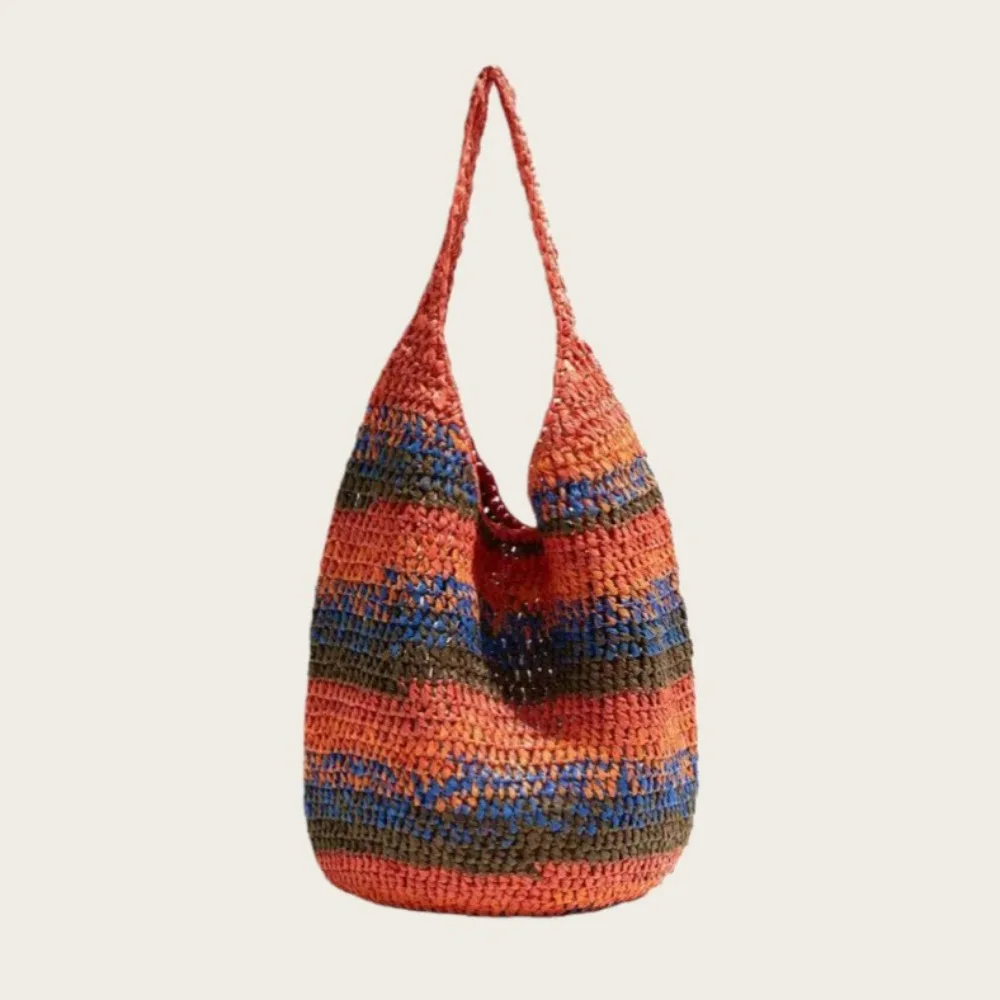 

Colorful Woven Beach Bags for Women Handmade Crochet Shoulder Bag Candy Color Striped Shopper Purses Paper Rope Straw Bag NEW