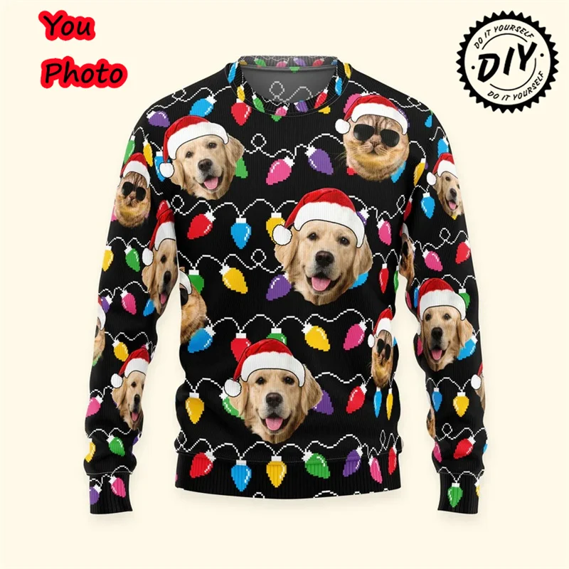 Customize Diy Image 3D Print Photos Ugly Christmas Sweater Personalized Pet Cat Dog Photo Sweatshirt Custom Face Family Pullover