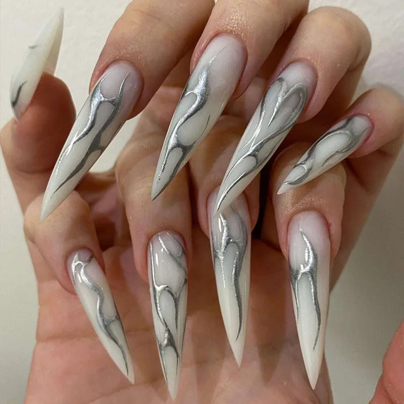 24-delige lange stiletto-nagels set druk op luipaardprint Frans ontwerp nepnagels afneembare kunstmatige volledige dekking kunstnagels tips