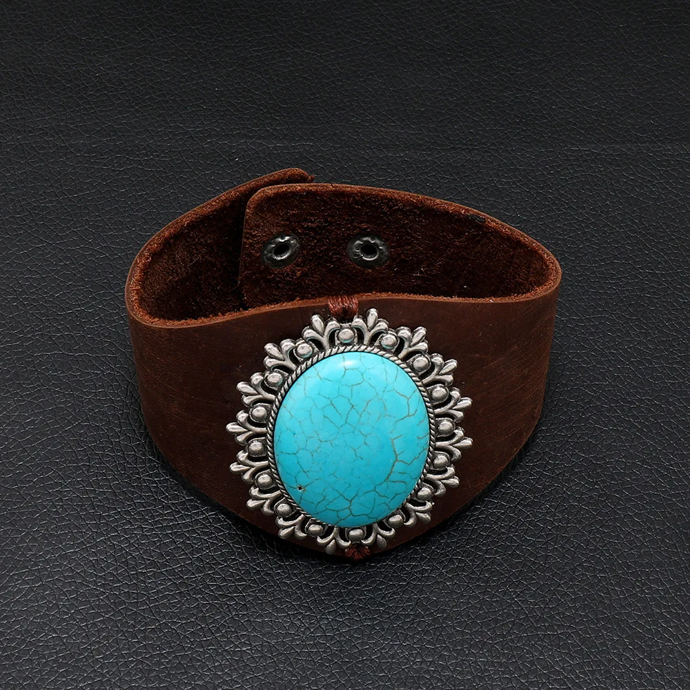 New fashion wide leather real cowhide retro men's and women's bracelet turquoise check pattern couple bracelet jewelry