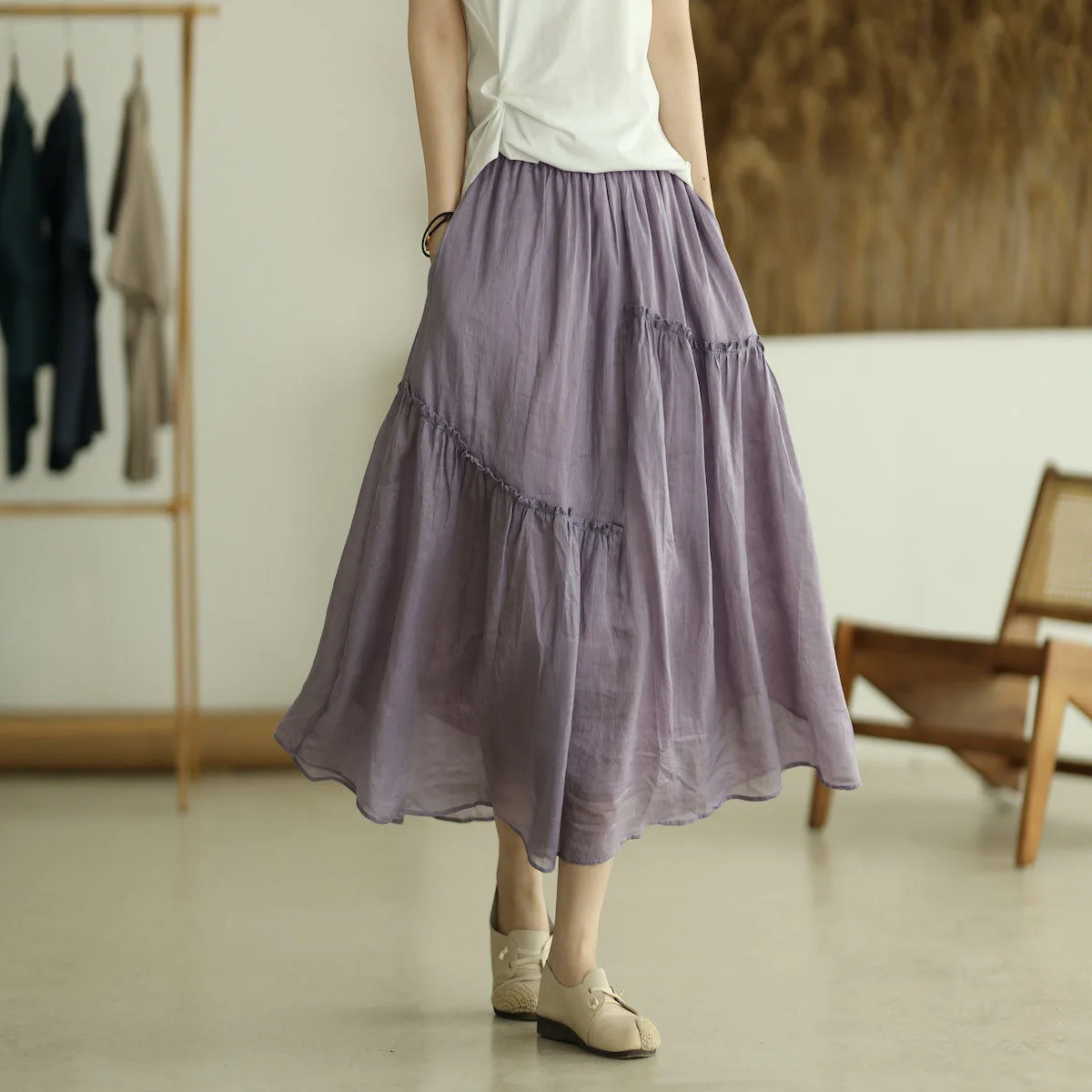 

Summer Cotton Linen A-Line Skirt Women's plus Size Fairy Skirt High Waist Asymmetrical Hem Midi Skirt Commute Pure Color