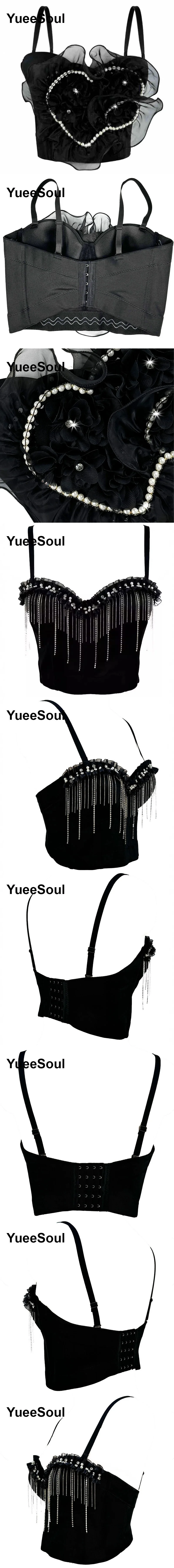 Black Y2K Tops White Rhinestone Sequins Tassel Slim Crop Top New Gothic Party Club Wedding High Street Sexy Corset Top Camis
