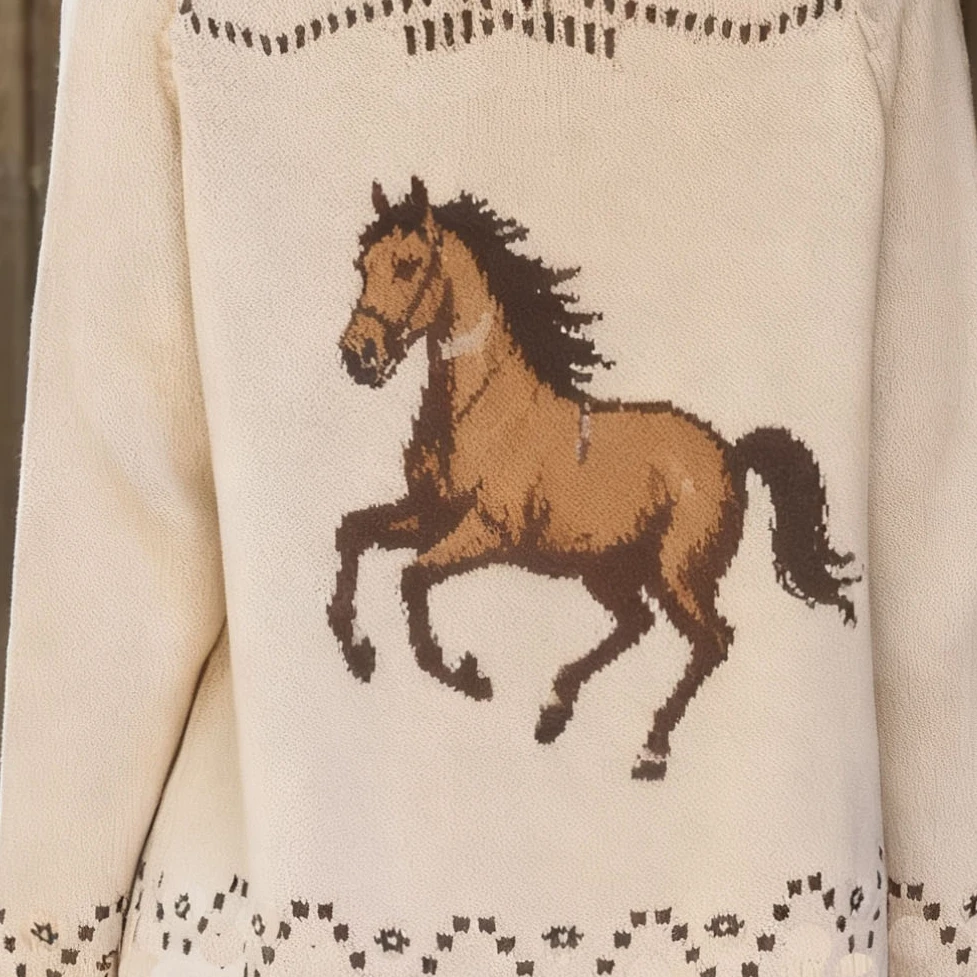 

Качественный женский осенний свитер премиум-класса, кардиган с длинными рукавами и открытой передней частью, трикотаж с принтом лошади