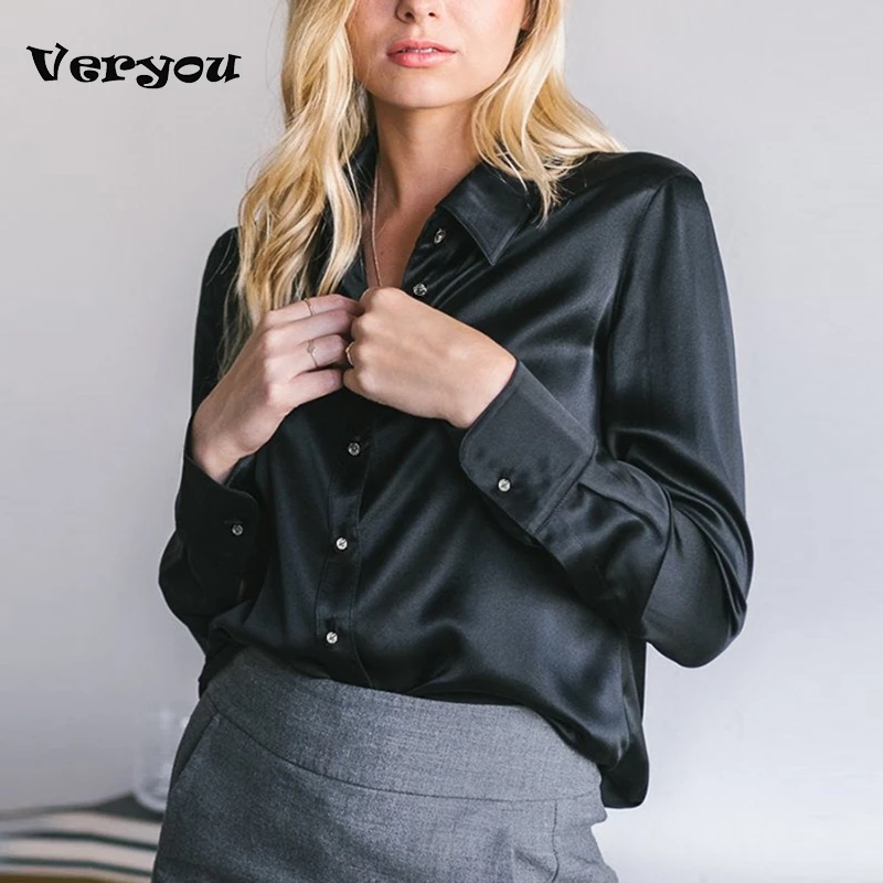 Elegante preto branco camisa feminina primavera outono manga longa blusas de cetim de seda para mulheres moda turn down collar botão camisa