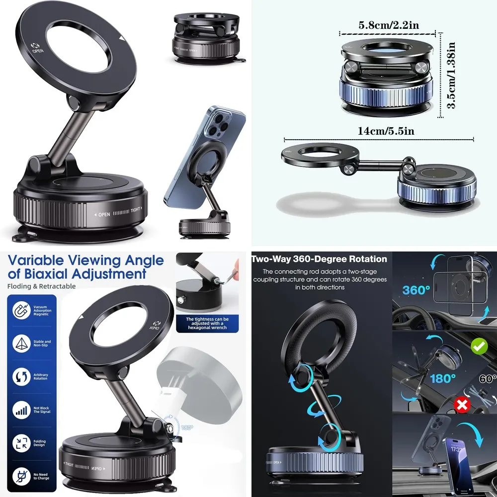 

Magnetic Car Phone Holder for Magsafe, 360° Adjustable Foldable Pocket-Size Suction Cup Mount