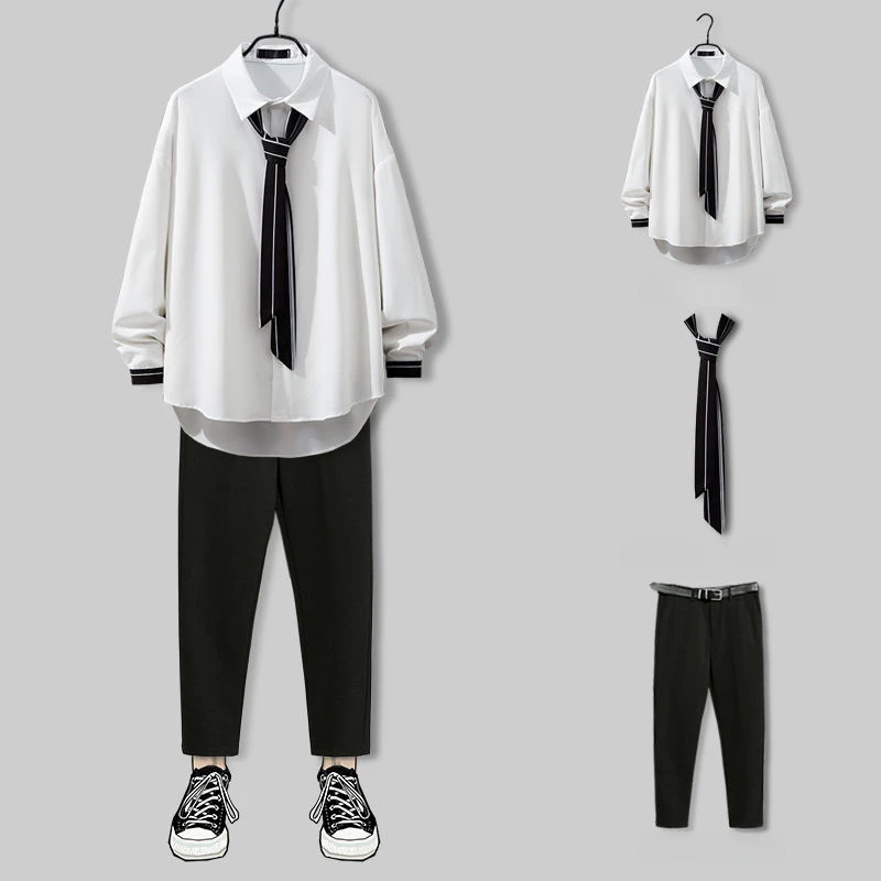 2025 New Spring Design Handsome Japanese Preppy Style Pants Suit Two pieces Solid Pants + Shirt Set Men